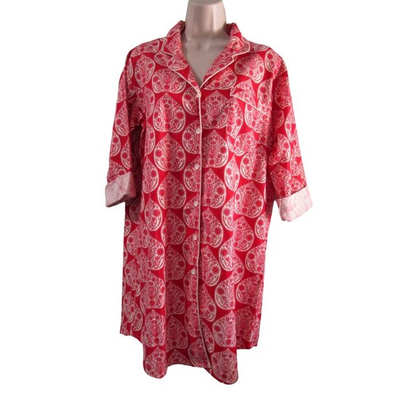 World Market Red White Floral Flannel S/M Button Up Nightshirt EUC Front Pocket - Picture 8 of 16